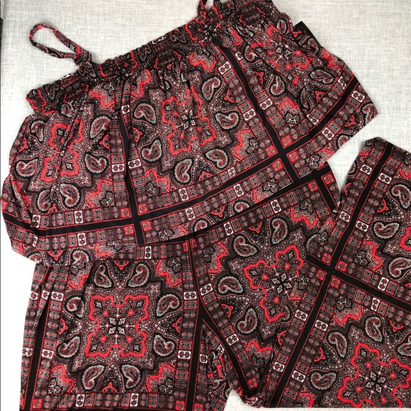 0X 2X 3X INC Black & Red Smocked Paisley Jumpsuit - Picture 6 of 6